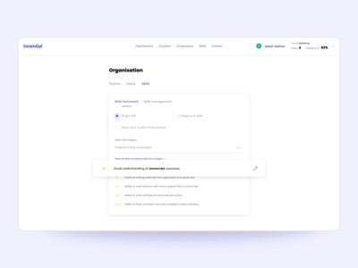 Innential skills manage app dashboard dashboard app dashboard design dashboard ui desktop edit management management app radio button radio buttons rate rating teams users web app website website design white whitespace