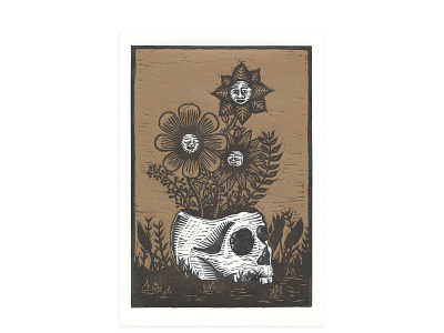Skull VAse flowers letterpress linocut linolium print printmaking relief print skull woodcut