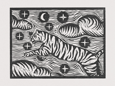 Tiger In Clouds clouds tiger woodcut woodcuts