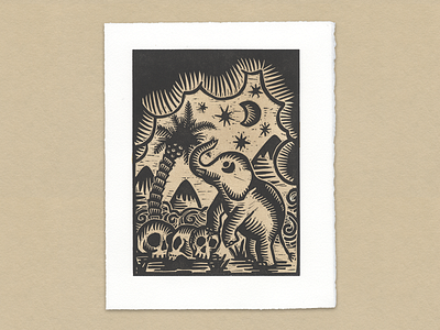 Nature Prevails elephant illustration illustrations palmtree print printmaking texture woodcut