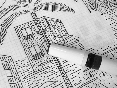 Client work in progress buildings city scape drawing ink palm trees rapidograph