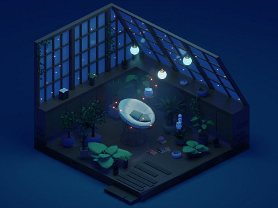 Moonlit Greenhouse 3dart 3ddesign 3dmodel 3dmodeling 3drender blender3d illustration lowpoly lowpoly3d lowpolyart moonlit