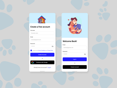 Furry Friends animal app authorization illustration log in mobile pet sign up ui ux