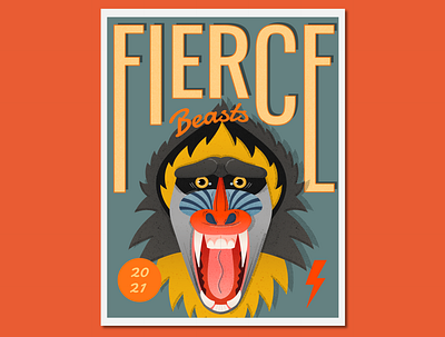 Fierce Beasts Baboon digital illustration flatillustration illustration poster design typography vector vectorillustration