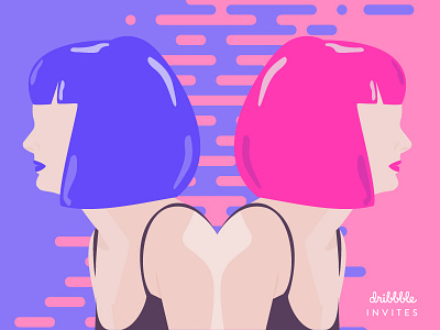It's draft time! double dribbble flat illustration invite invites pink purple trouble twin two wig