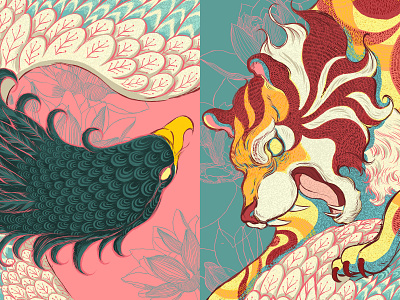 Tiger and Eagle @design animal bird design eagle elledhita illustration illustration art orange originalart pattern pink tiger turquise yellow