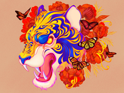 Tiger, Butterfly and Flower