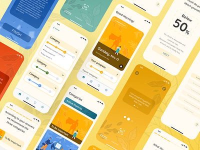 Self-help application design believe care design gold graphic design green help illustration important interface leafs mantra meditate meditation microinteraction progress bar ui ux vector yellow