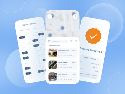 Online parking booking blue book booking bookmark car circle design graphic design illustration light orange parking reserve search slots ticket town ui ux white