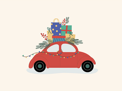 Red car with Christmas gifts on the roof art car christmas design flat gift illustration illustrator red tree vector winter