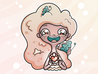 Mermaid sticker character childrens illustration cute heart love mermaid pearl sticker vector art