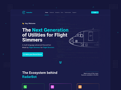 Landing Page - RadarBot airplane aviation bot clean code dark dark mode discord landing page ui