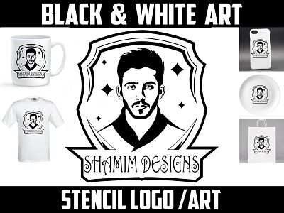 black and white vector face portrait logo and stencil logo