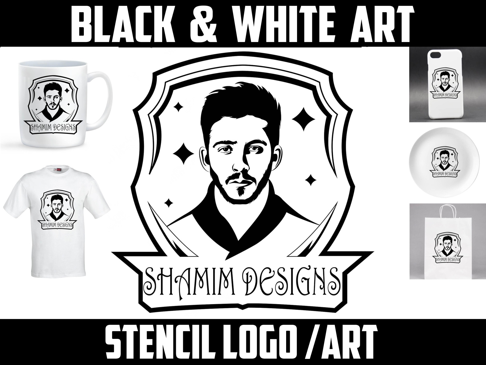 black and white vector face portrait logo and stencil logo by AWS CREATIVE STUDIO on Dribbble