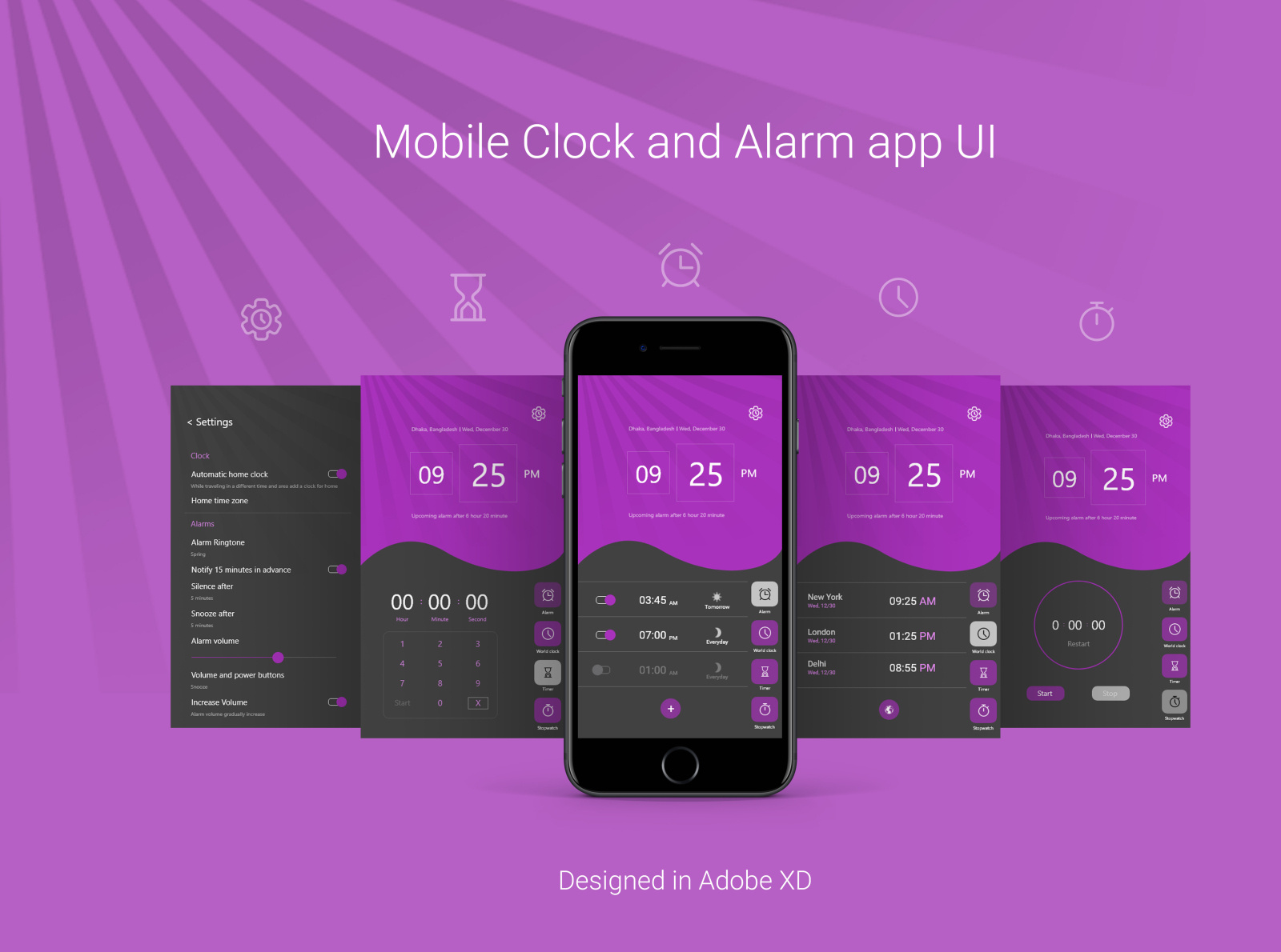 Simple Mobile clock app UI by Tasrash on Dribbble