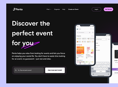 penta- find social events ai branding color design illustration landing page mpbile design socials tickets ui ux