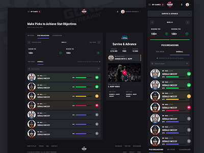 Gone Streakin: Make Picks bet betting dark interface fantasy sports gambling leaderboard my picks pick reakdown rushing sport games survide