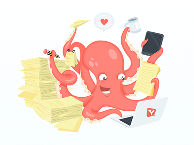 Octopus working character flat illustration ipad laptop octopus paper work