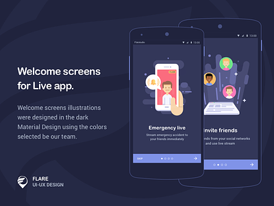 Welcome screens android app dark material flare illustrations live material onboarding phone welcome