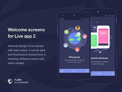 Welcome screens part 2 android app dark material flare illustrations live material onboarding phone welcome