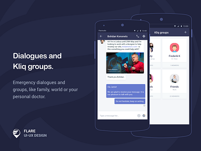 Dialogues and Kliq groups. dialogues flare flat groups kliq material ui ux dark material