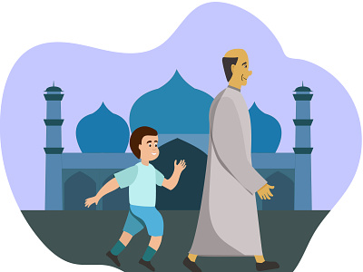 boy with grandfather going to the mosque boy father flat design flat illustration illustration mosque muslims pray ramadan mubarak vector walking