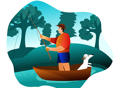 man fishing with his dog boat characterdesign dog illustration fisherman fishing flat design flat illustration illustration vector