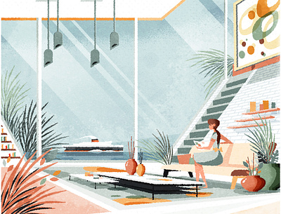 Mid century modern interior architecture design illustration illustrator interior mid century modern skyline vector