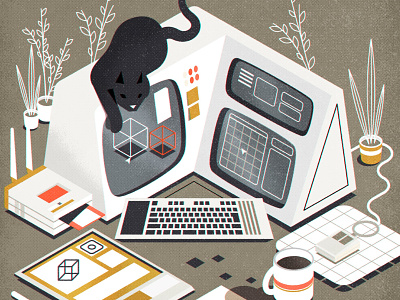 Retrofuturistic workstation (+ cat) cat computer illustration illustrator minimalist retro texture vector workstation