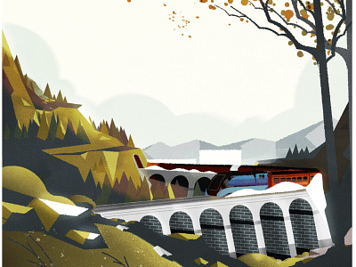 Steam Locomotive Mallard design flat illustrator landscape landscape illustration train vector vista