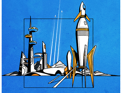 Rockets are fun! city futurism landscape line linework logo mountain port retro rocket science fiction space urban vector