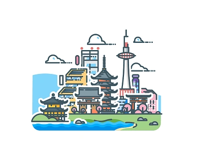 Kyoto! city cityscape illustration illustrator japan kyoto metropolis minimalist skyline sticker urban vector