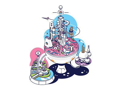 Isometric city Doohiki. city googie icon isometric outline science fiction stroke vector