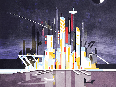 Buzz City city colour detail futurism googie launch mid century modern skyline texture upa vector
