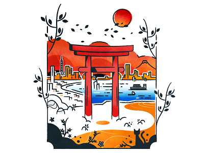 Between the profane and the sacred architecture city cityscape icon illustration illustrator japan logo minimalist nippon shinto stamp torii vector
