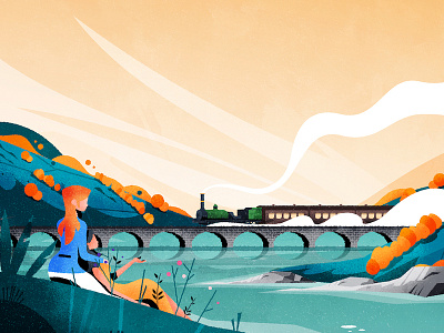 A nice moment autumn bridge brush illustration landscape mood season texture train vector