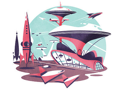 Googie Spaceport airport architecture futurism googie illustration illustrator retro spaceport