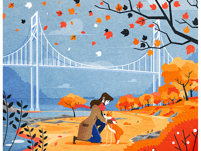 Autumn Walkies architecture autumn bridge corgi design dog fall flat illustration illustrator nature vector