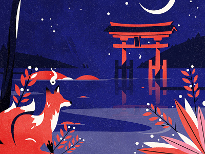 Kitsune design fox illustration japan minimalist shinto shrine texture torii vector