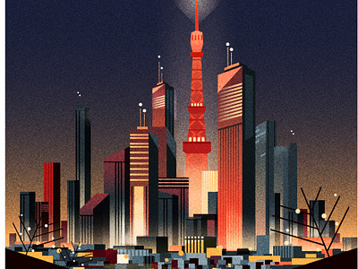 A dark but colourful night. architecture city cityscape design illustration illustrator japan minimalist noise skyline texture urban vector