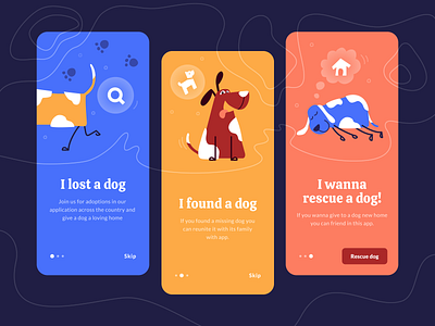 Onboarding screens for rescue dog app design dog dribbble flat illustration illustrator interaction mobile app ui ux vector