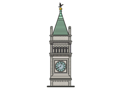 Lowell City Hall Clock-Tower architecture building flatdesign illustration vector