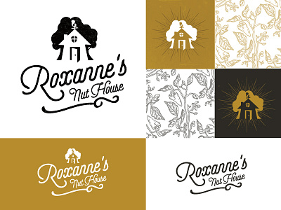 Roxanne's Nut House Branding branding drawing house illustration logo mustard packaging rustic vector