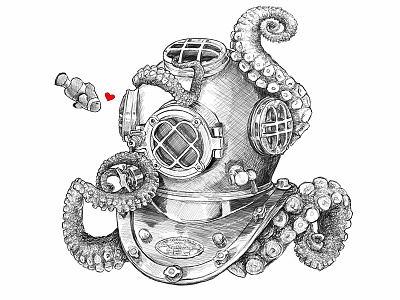 Cup This Contest : The Barista barista cintiq coffee companion diving helmet drawing fish illustration octopus paper cup scuba wacom