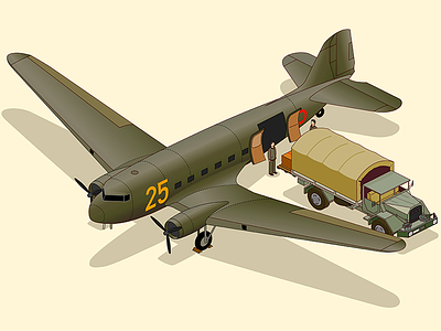 dc-3 cargo airplane animate cc army dc 3 diorama douglas history illustration isometric retro truck