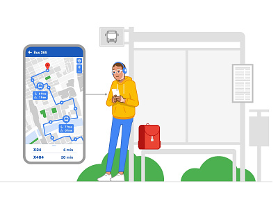 Customer Service App - google palette app bus bus stop character character design characters customer service google illustration real time