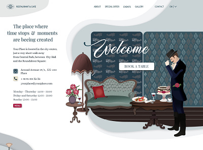 Landing page - website for restaurant adobexd book a table contactus digitalart digitalillustration food gentleman graphicdesign illustration landing page landing page design oderonline restaurant restaurant app uxui vintage webdesign website websitedesign welcome page