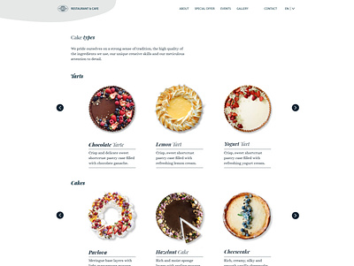 Webdesign - Web site for restaurant - Cake menu adobe xd appdesign cake cake menu contactuspage food gallery graphicdesign illustration orderonline restaurant ui ux webdesign website websitedesign