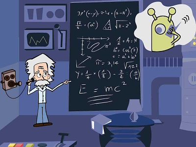 Einstein talking with Aliens cartoon drawing illustration illustrator