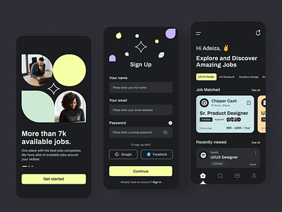 Job Search Platform Mobile App app dark design figma flat graphic design icon interface ios job finder job search minimal mobile mobile app modern ui ui design uiux ux ux design